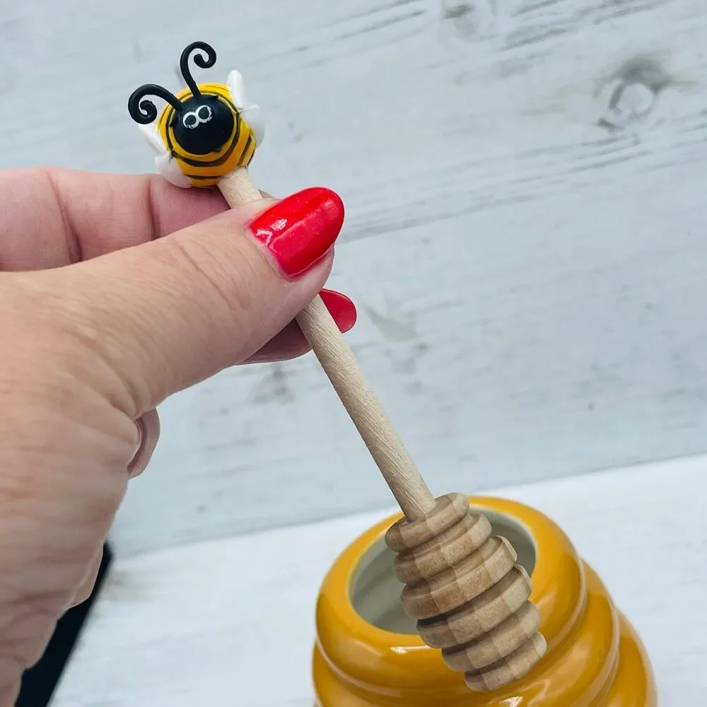 Vintage Ceramic Beehive Honey Pot Jar With Wooden Drizzler Dipper Server Set